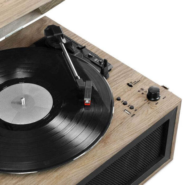 Bluetooth Decorative Record Player Stand with 3-Speed Turntable Victrola Color/Finish: Farmhouse Oatmeal